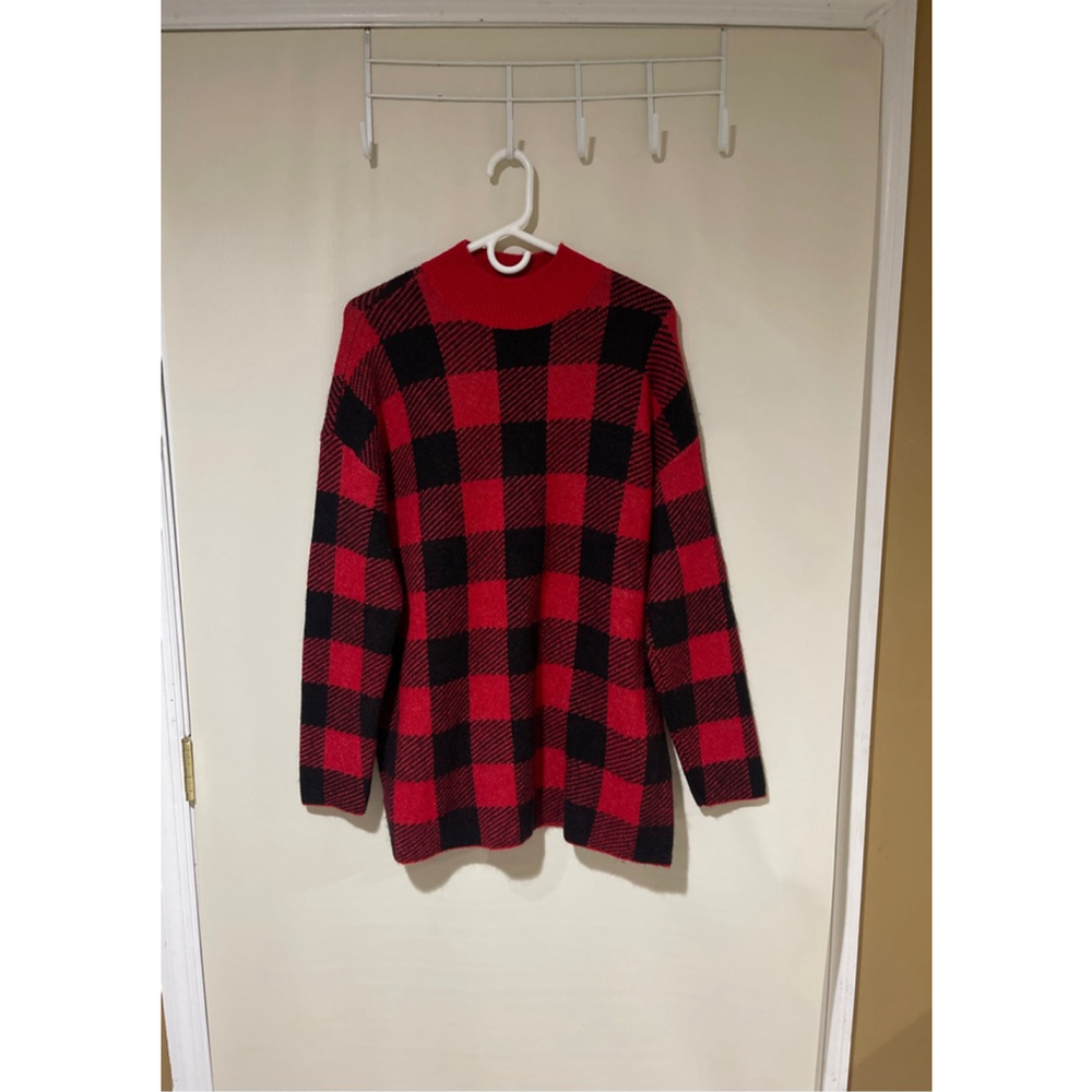 LOFT Red Black Buffalo Plaid Mock Neck Sweater Large